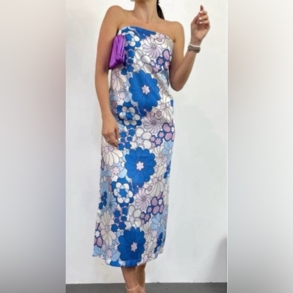 Zara Women’s Tropical Floral Print Satin Effect Strapless Dress - Size S - Picture 4 of 13